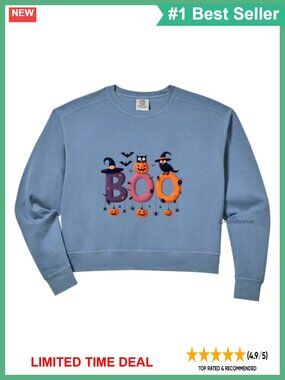 Halloween Boo Pumpkin Bat Owl Crop Sweatshirt Crew Neck Long Sleeve Relaxed Fit